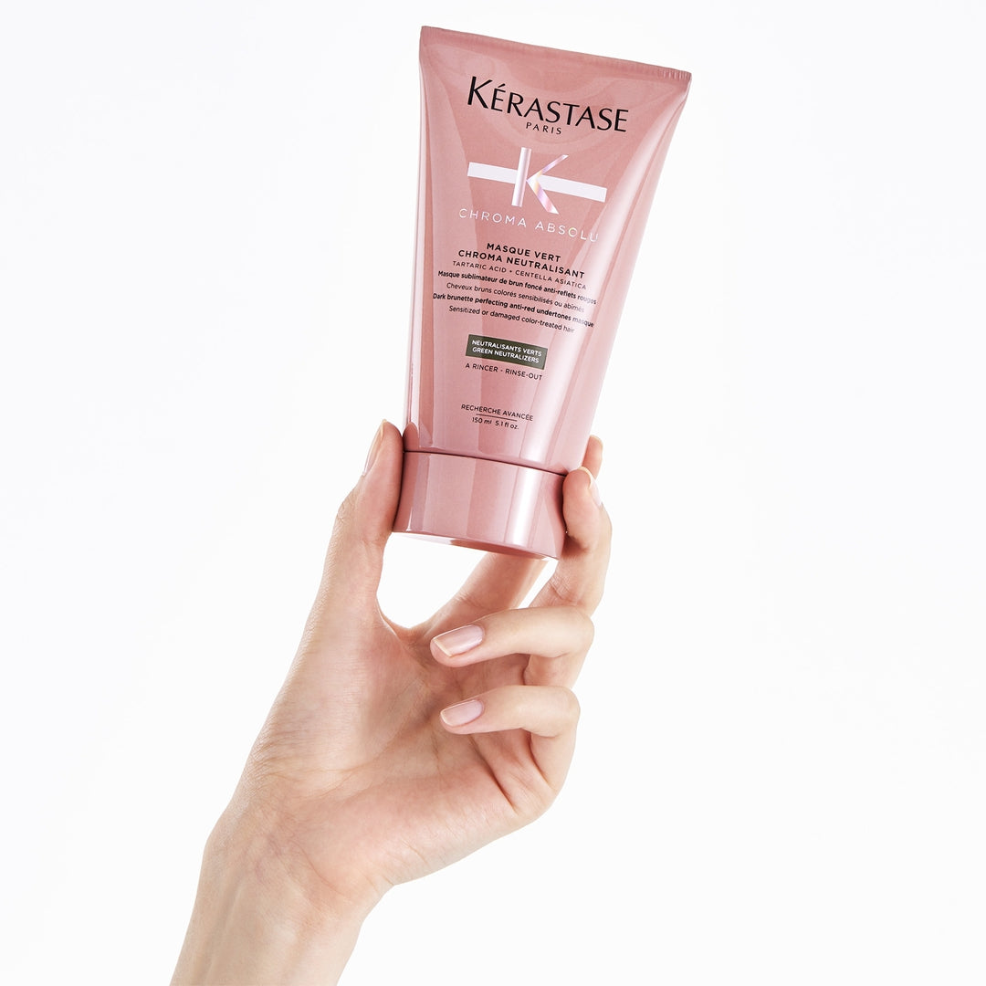 kerastase chroma absolu masque vert chroma neutralisant hair mask product in hand
